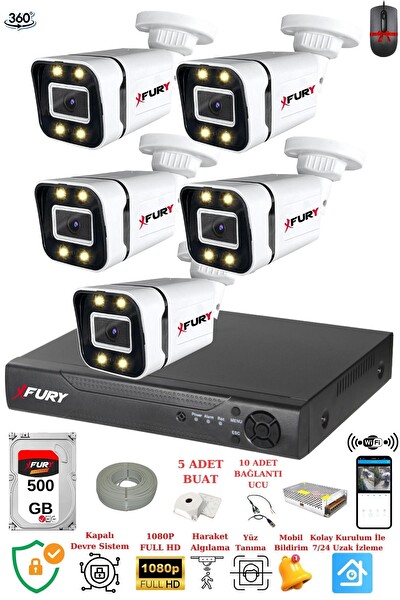 Fury 5 Kameralı FHD Gece Renkli - Su Geçirmez Ultra Led Güvenlik Kamerası Seti 500 GB