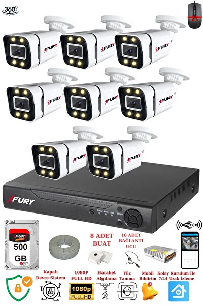 Fury 8 Kameralı FHD Gece Renkli - Su Geçirmez Ultra Led Güvenlik Kamerası Seti 500 GB