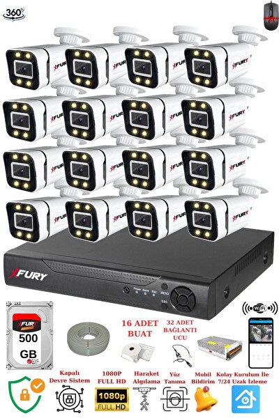 Fury 16 Kameralı FHD Gece Renkli - Su Geçirmez Ultra Led Güvenlik Kamerası Seti 500 GB