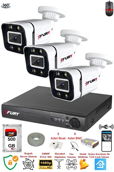 Fury 3 Kameralı FHD Gece Renkli - Su Geçirmez Ultra Led Güvenlik Kamerası Seti 500 GB