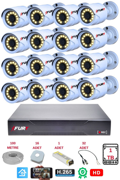 Fury 16'lı Gece Renkli Görüş Güvenlik Kamerası FHD Su Geçirmez Güvenlik Kamerası Seti 1 TB