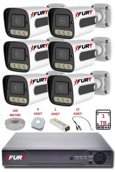 Fury 6 Kameralı Set Full HD Gece Renkli Görüş - Cepten İzle - Su Geçirmez Güvenlik Kamerası Seti 1TB