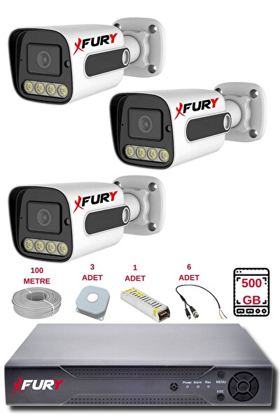 Fury 3 Kameralı Set Full HD Gece Renkli Görüş-Cepten İzle-Su Geçirmez Güvenlik Kamerası Seti 500 GB
