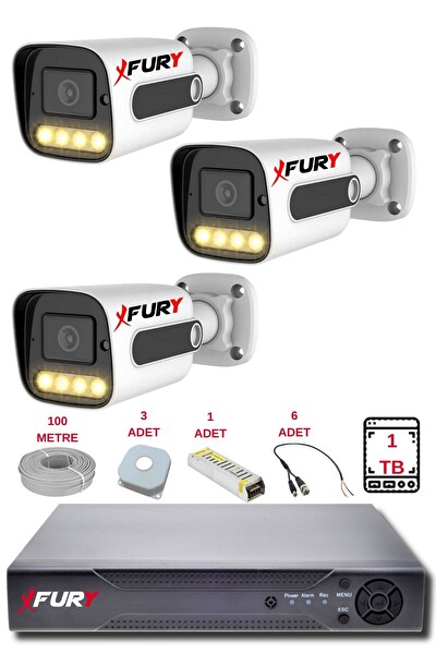 Fury 3 Kameralı Set Full HD Gece Renkli Görüş - Cepten İzle - Su Geçirmez Güvenlik Kamerası Seti 1 TB