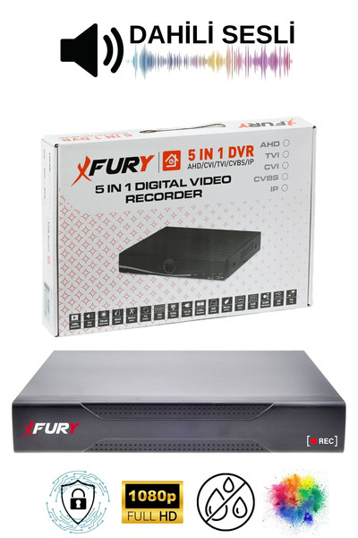 Fury 5 Kamera Sesli Gece Renkli Güvenlik Kamerası Full HD Su Geçirmez Güvenlik Kamerası Seti 500 GB