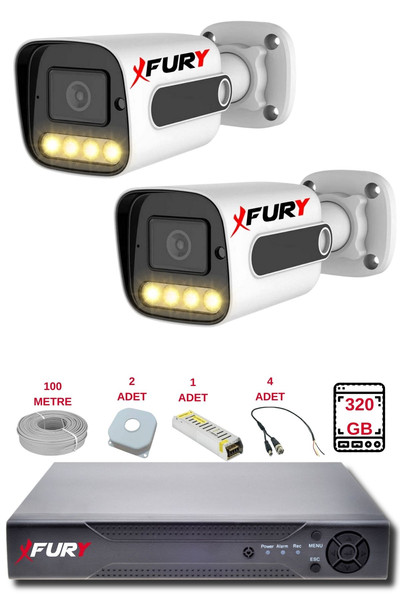 Fury 2 Kameralı Set Full HD Gece Renkli Görüş-Cepten İzle-Su Geçirmez Güvenlik Kamerası Seti 320 GB