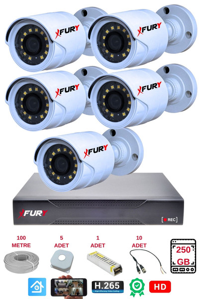 Fury 5'li Gece Renkli Görüş Güvenlik Kamerası Full HD Su Geçirmez Güvenlik Kamerası Seti 250 GB