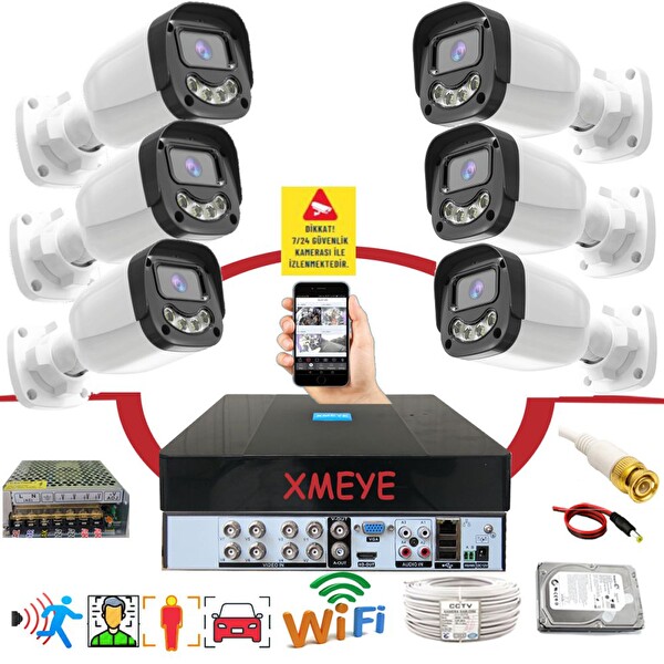Bises 6'lı Araç Yüz ve İnsan Tanımalı Hareket Algılayan 5 MP Lens 4 Warm Led Gece Renkli Gösteren Güvenlik Kamera Seti BS2304W