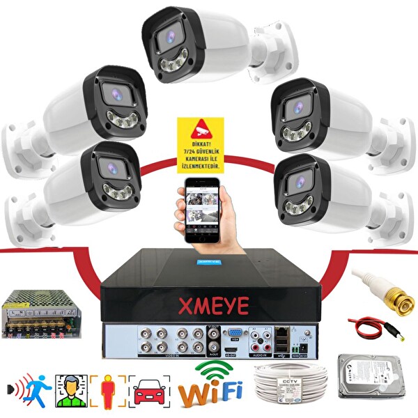 Bises 5'li Araç Yüz ve İnsan Tanımalı Hareket Algılayan 5 MP Lens 4 Warm Led Gece Renkli Gösteren Güvenlik Kamera Seti BS2304W