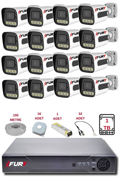 Fury 16 Kameralı Set FHD Gece Renkli Görüş-Cepten İzle-Su Geçirmez Güvenlik Kamerası Seti 1TB