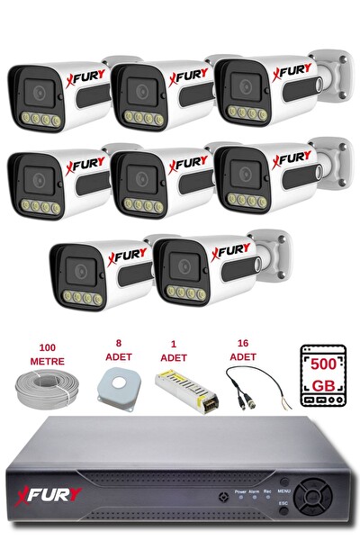 Fury 8 Kameralı Set FHD Gece Renkli Görüş-Cepten İzle-Su Geçirmez Güvenlik Kamerası Seti 500GB