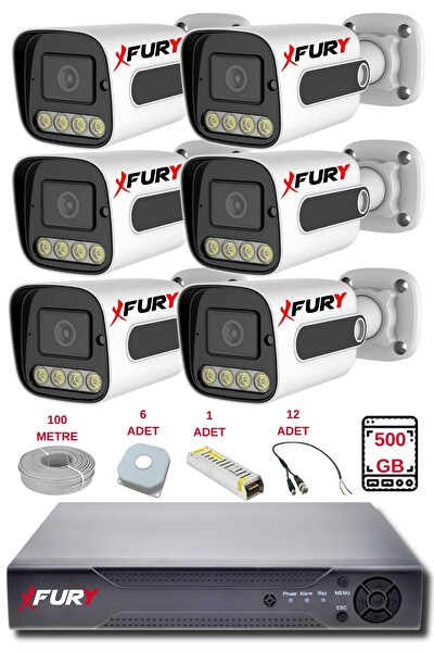 Fury 6 Kameralı Set FHD Gece Renkli Görüş-Cepten İzle-Su Geçirmez Güvenlik Kamerası Seti 500GB