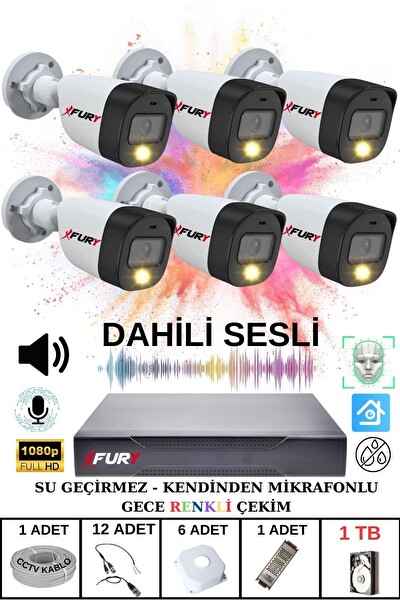 Fury 6'lı Sesli Gece Renkli Görüş Güvenlik Kamerası Su Geçirmez Güvenlik Kamerası Seti 1TB
