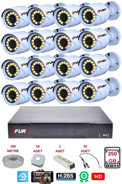 Fury 16'lı Gece Renkli Görüş Güvenlik Kamerası FHD-Su Geçirmez Güvenlik Kamerası Seti 250GB