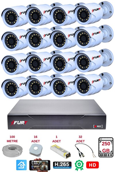 Fury 16'lı Gece Renkli Görüş Güvenlik Kamerası FHD-Su Geçirmez Güvenlik Kamerası Seti 250GB