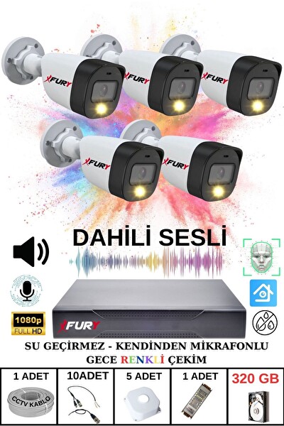 Fury 5'li Sesli Gece Renkli Görüş Güvenlik Kamerası Su Geçirmez Güvenlik Kamerası Seti 320GB