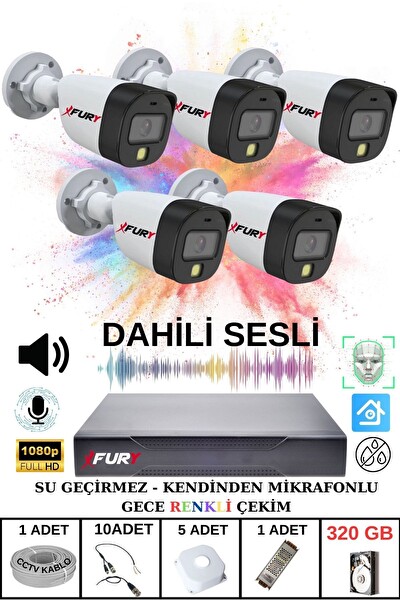 Fury 5'li Sesli Gece Renkli Görüş Güvenlik Kamerası Su Geçirmez Güvenlik Kamerası Seti 320GB