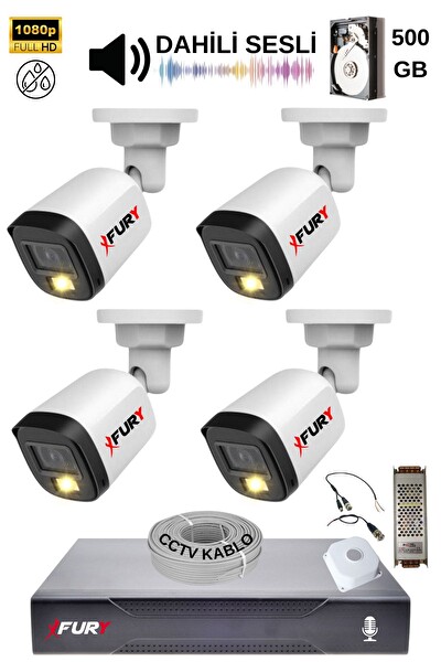 Fury 4 Kamera Sesli Gece Renkli Güvenlik Kamerası FHD-Su Geçirmez Güvenlik Kamerası Seti 500GB