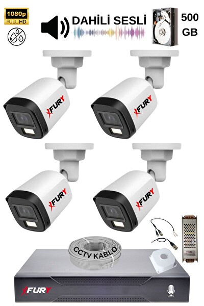 Fury 4 Kamera Sesli Gece Renkli Güvenlik Kamerası FHD-Su Geçirmez Güvenlik Kamerası Seti 500GB