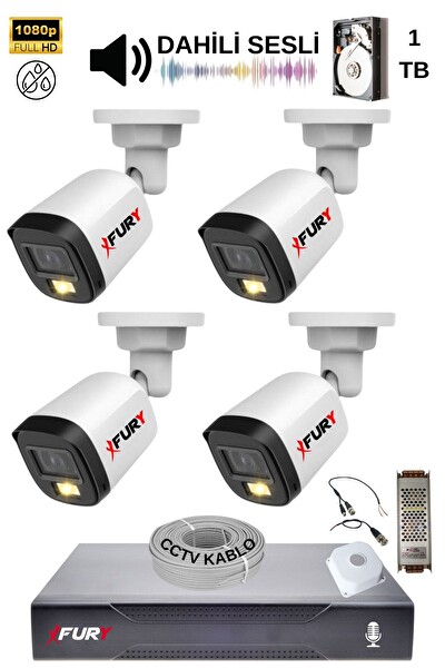 Fury 4 Kamera Sesli Gece Renkli Güvenlik Kamerası FHD-Su Geçirmez Güvenlik Kamerası Seti 1TB