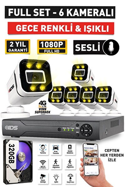 IDS Sesli - 6 Kameralı FHD Gece Renkli Ve Işıklı Güvenlik Kamerası - Kamera Seti 320 GB Disk