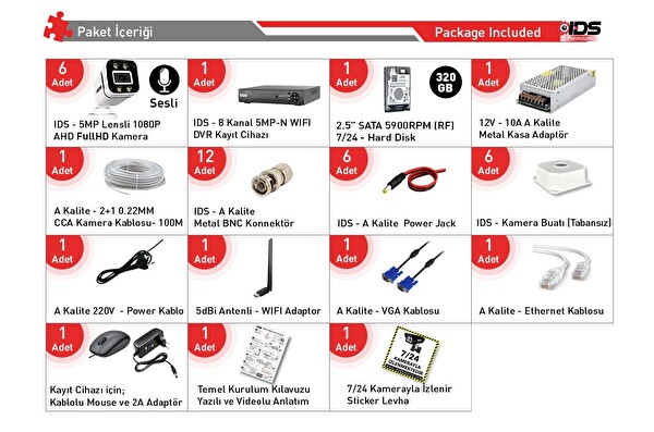 IDS Sesli - 6 Kameralı FHD Gece Renkli Ve Işıklı Güvenlik Kamerası - Kamera Seti 320 GB Disk