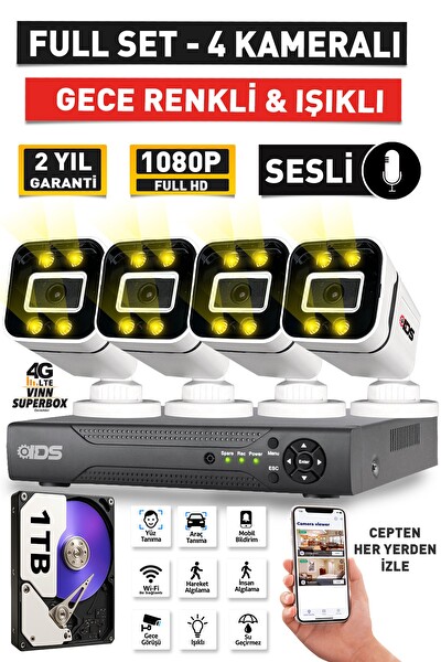IDS Sesli - 4 Kameralı FHD Gece Renkli Ve Işıklı Güvenlik Kamerası - Kamera Seti 1TB Disk