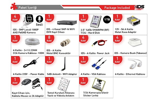 IDS Sesli - 4 Kameralı FHD Gece Renkli Ve Işıklı Güvenlik Kamerası - Kamera Seti 1TB Disk