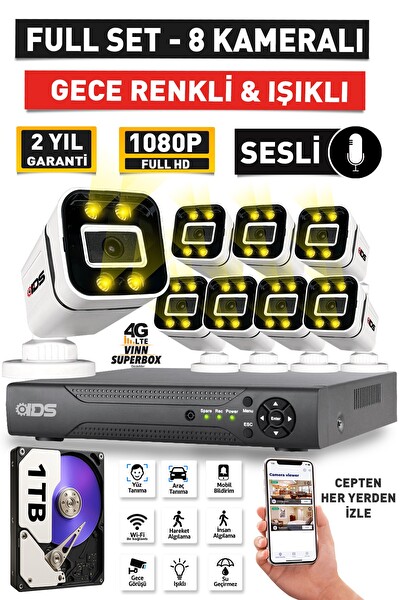 IDS Sesli - 8 Kameralı FHD Gece Renkli Ve Işıklı Güvenlik Kamerası - Kamera Seti 1 TB Disk