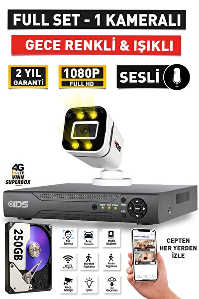 IDS Sesli - 1 Kameralı FHD Gece Renkli Ve Işıklı Güvenlik Kamerası - Kamera Seti 250 GB Disk