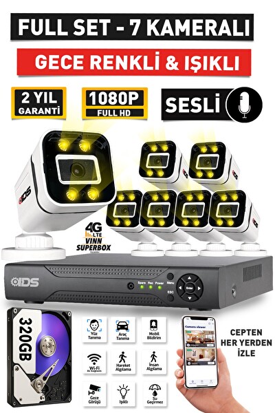IDS Sesli - 7 Kameralı FHD Gece Renkli Ve Işıklı Güvenlik Kamerası - Kamera Seti 320 GB Disk