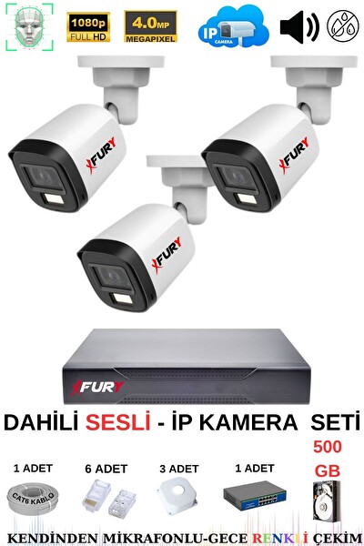 Fury 3 Kameralı Sesli 4mp Gece Renkli Su Geçirmez IP Güvenlik Kamera Seti IP5515S 500GB