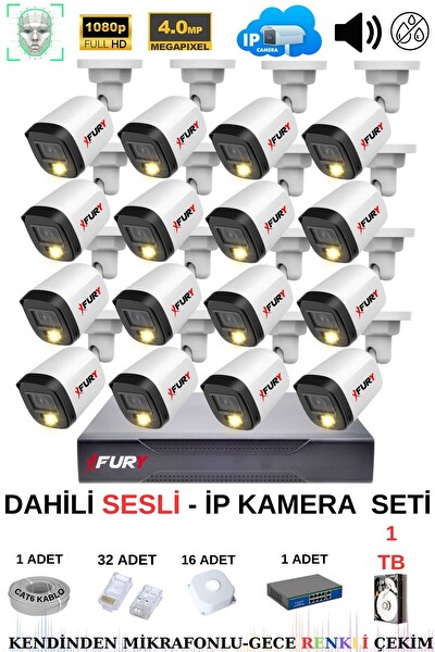 Fury 16 Kameralı Sesli 4 MP Gece Renkli Su Geçirmez IP5515S 1 TB IP Güvenlik Kamera Seti