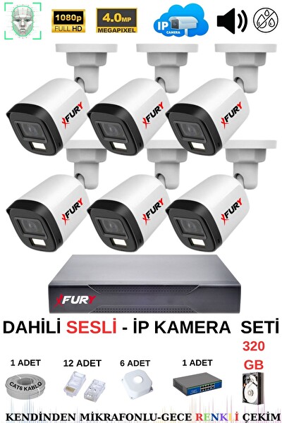 Fury 6 Kameralı Sesli 4 MP Gece Renkli Su Geçirmez IP5515S 320 GB IP Güvenlik Kamera Seti