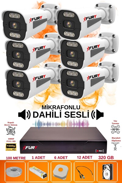 Fury 6 Kameralı Sesli 6 Warm Led Gece Renkli Görüş Su Geçirmez Güvenlik Kamerası Seti 320GB