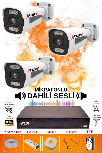Fury 3 Kameralı Sesli 6 Warm Led Gece Renkli Görüş Su Geçirmez Güvenlik Kamerası Seti 1TB