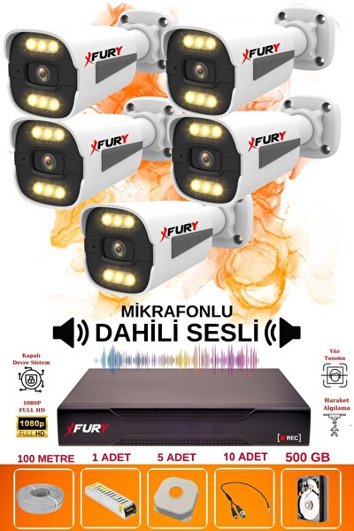Fury 5 Kameralı Sesli 6 Warm Led Gece Renkli Görüş Su Geçirmez Güvenlik Kamerası Seti 500GB