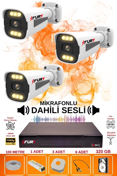 Fury 3 Kameralı Sesli 6 Warm Led Gece Renkli Görüş Su Geçirmez Güvenlik Kamerası Seti 320GB