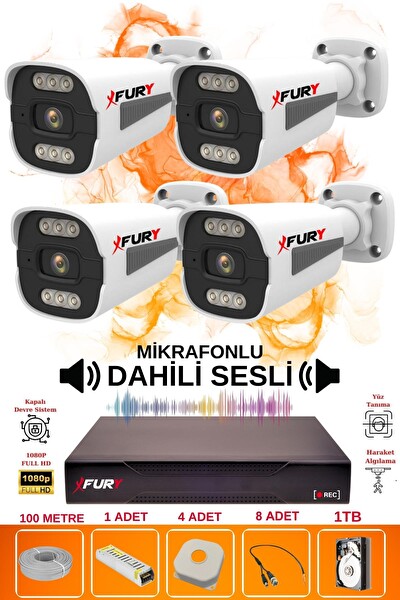 Fury 4 Kameralı Sesli 6 Warm Led Gece Renkli Görüş Su Geçirmez Güvenlik Kamerası Seti 1TB