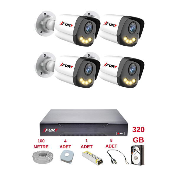 Fury 4 Kameralı 4 Warm Led Gece Renkli Görüş Cepten İzle Su Geçirmez Güvenlik Kamerası Seti 320 GB