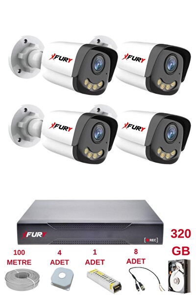 Fury 4 Kameralı 4 Warm Led Gece Renkli Görüş Cepten İzle Su Geçirmez Güvenlik Kamerası Seti 320 GB