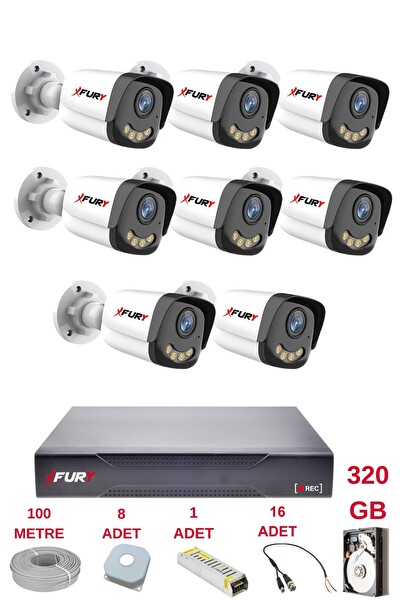 Fury 8 Kameralı 4 Warm Led Gece Renkli Görüş-Cepten İzle Su Geçirmez Güvenlik Kamerası Seti 320 GB