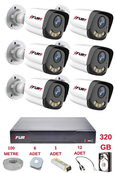 Fury 6 Kameralı 4 Warm Led Gece Renkli Görüş Cepten İzle Su Geçirmez Güvenlik Kamerası Seti 320 GB