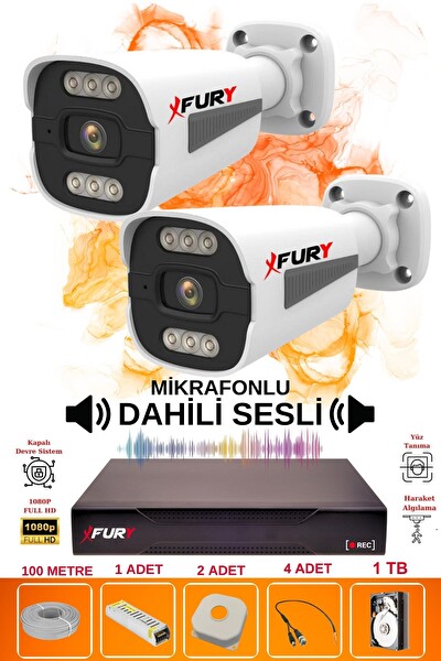 Fury 2 Kameralı Sesli 6 Warm Led Gece Renkli Görüş Su Geçirmez Güvenlik Kamerası Seti 1TB