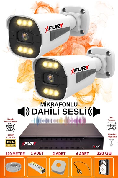 Fury 2 Kameralı Sesli 6 Warm Led Gece Renkli Görüş Su Geçirmez Güvenlik Kamerası Seti 320GB