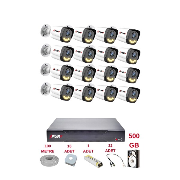 Fury 16 Kameralı 4 Warm LED Gece Renkli Görüş Cepten İzle Su Geçirmez Güvenlik Kamerası Seti 500 GB