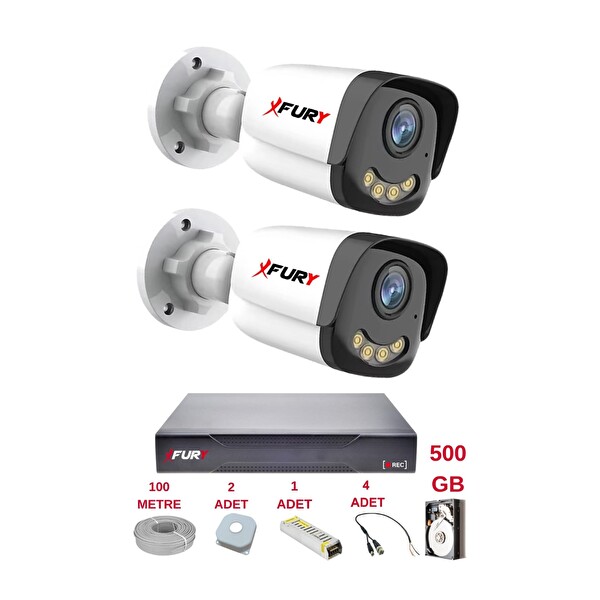 Fury 2 Kameralı 4 Warm LED Gece Renkli Görüş Cepten İzle Su Geçirmez Güvenlik Kamerası Seti 500 GB