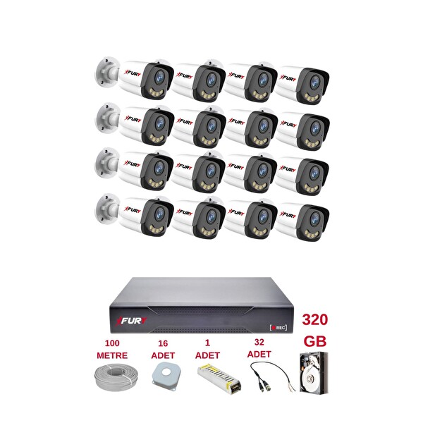 Fury 16 Kameralı 4 Warm LED Gece Renkli Görüş Cepten İzle Su Geçirmez Güvenlik Kamerası Seti 320 GB