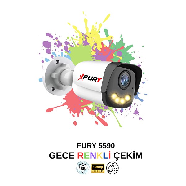 Fury 2 Kameralı 4 Warm LED Gece Renkli Görüş Cepten İzle Su Geçirmez Güvenlik Kamerası Seti 320 GB
