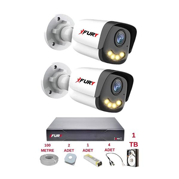 Fury 2 Kameralı 4 Warm LED Gece Renkli Görüş Cepten İzle Su Geçirmez Güvenlik Kamerası Seti 1 TB